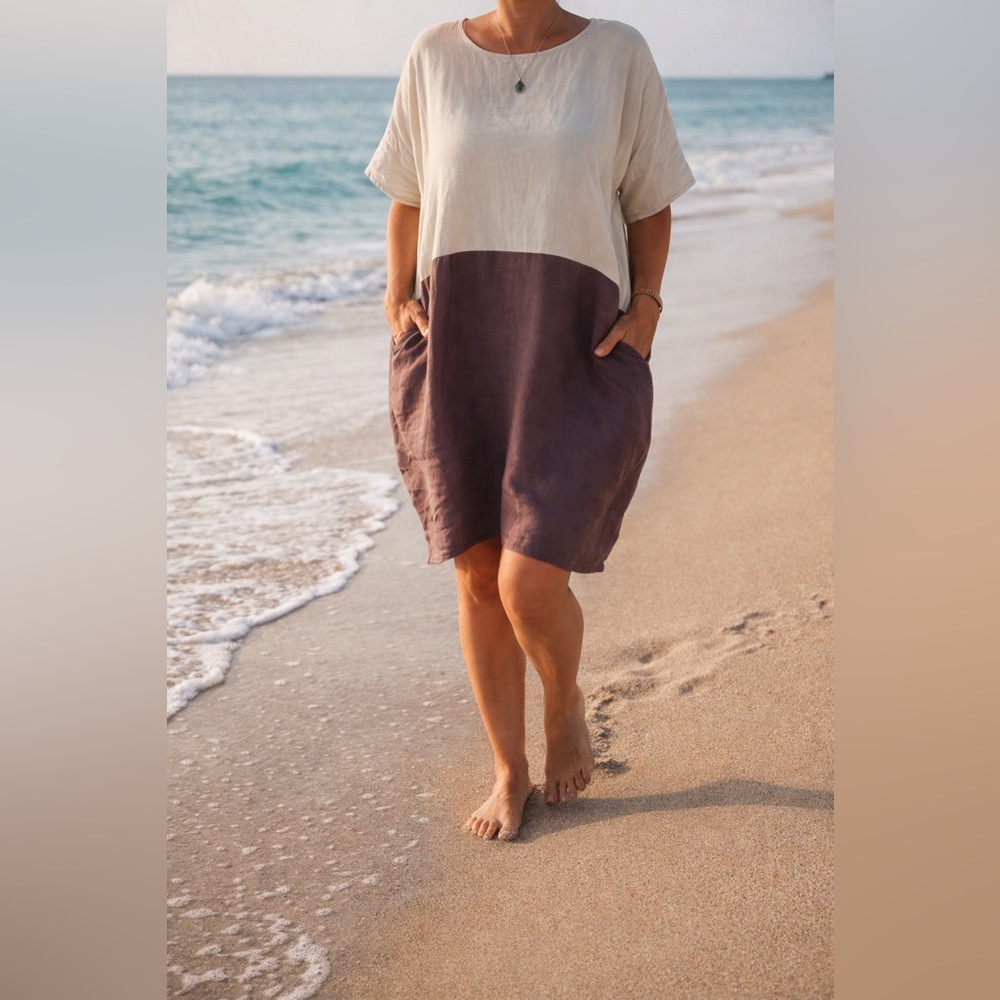 Linen Colorblock Dress • Zenana • Relaxed Fit w/ Pockets - Coastal Casual